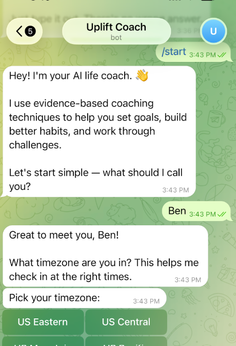 AI life coach onboarding conversation in Telegram