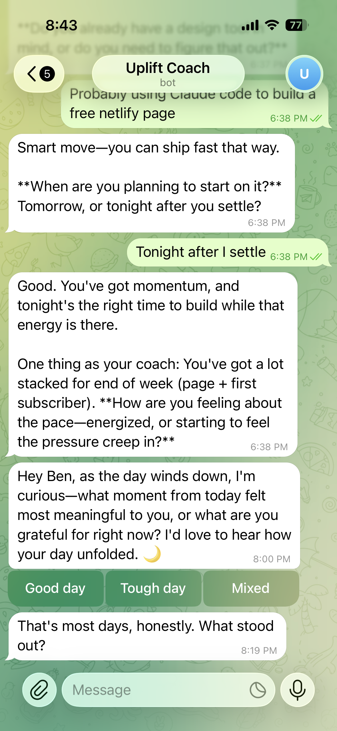 Daily evening check-in with mood tracking buttons in Telegram