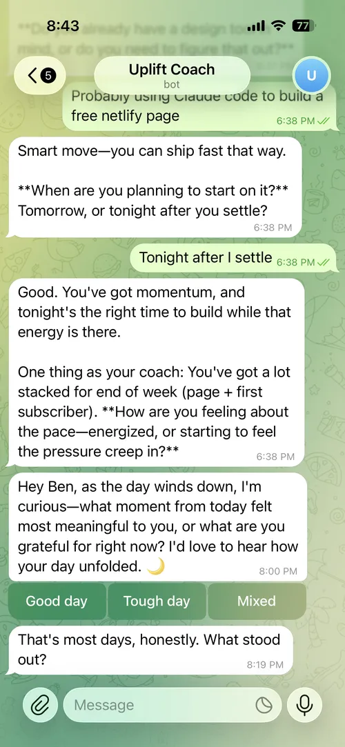 Daily evening check-in with mood tracking buttons in Telegram